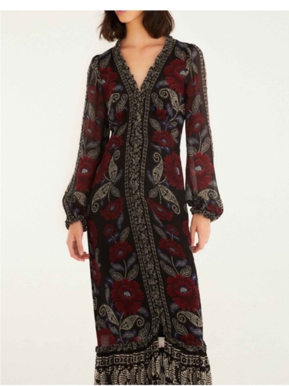 Farm Rio: Black Valentina Ruffled
Long Sleeve Midi Dress